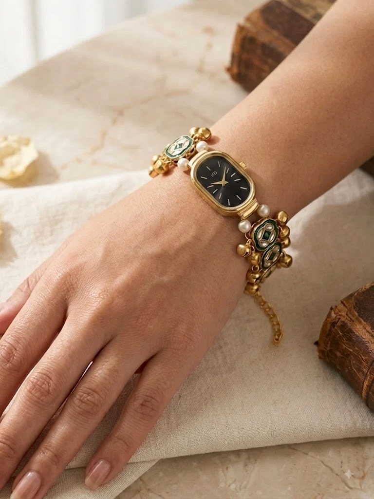 Zainab Green Emerald Kashmiri Watch Bracelet with Ghungroo Drops