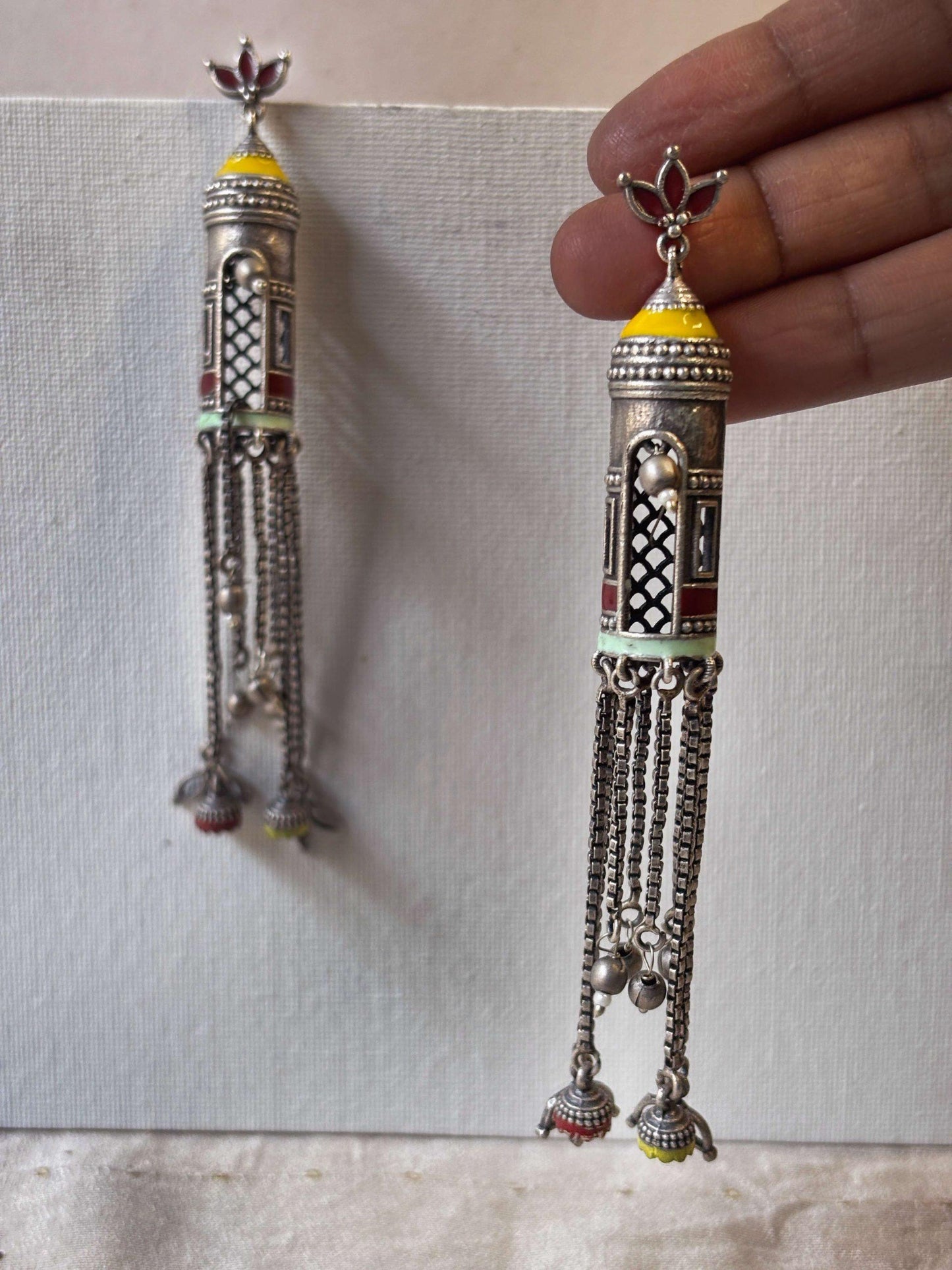 Aabidah Long Handpainted Meenakari Jhumka Earrings