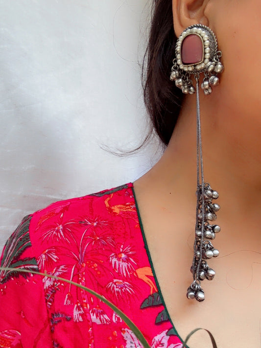 Aahna Pink Pearl Monalisa Stone Super Long Ghungroo Earrings