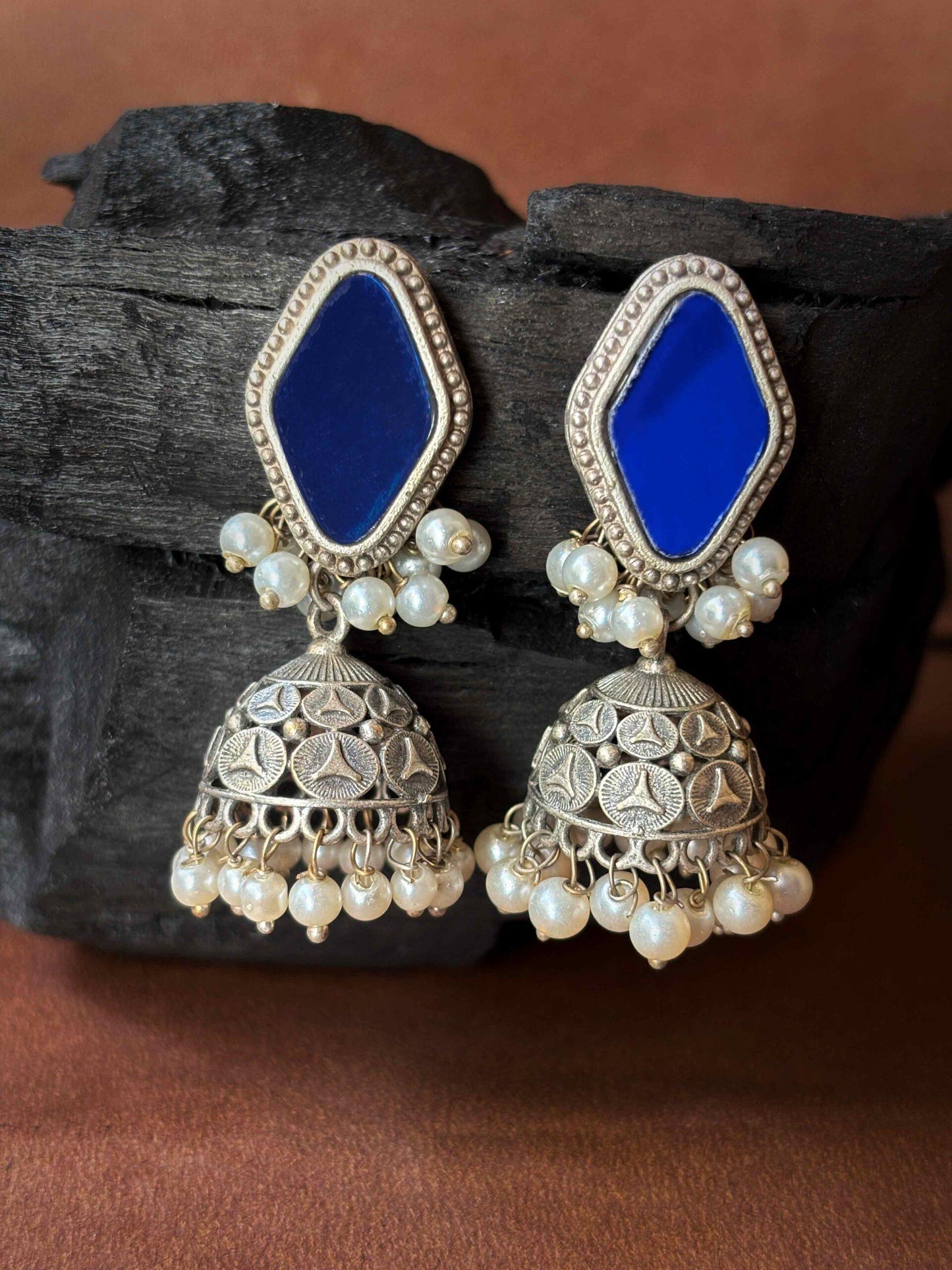 Aaina Blue Mirror Glass Silver Oxidized Jhumka Earrings
