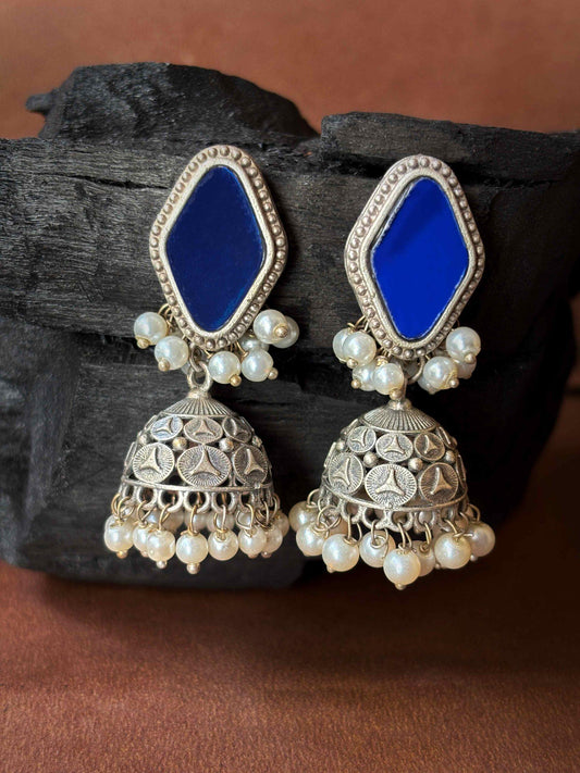 Aaina Blue Mirror Glass Silver Oxidized Jhumka Earrings