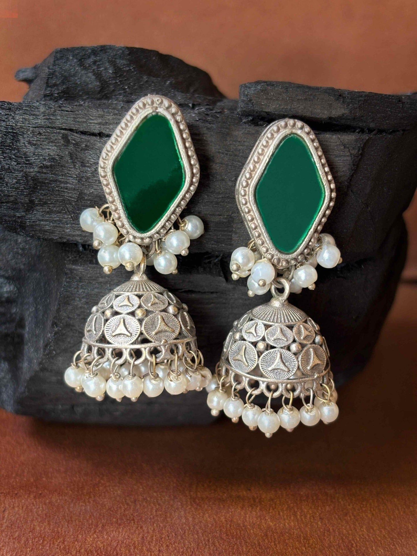 Aaina Green Mirror Glass Silver Oxidized Jhumka Earrings