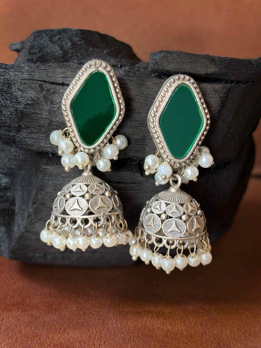 Aaina Green Mirror Glass Silver Oxidized Jhumka Earrings