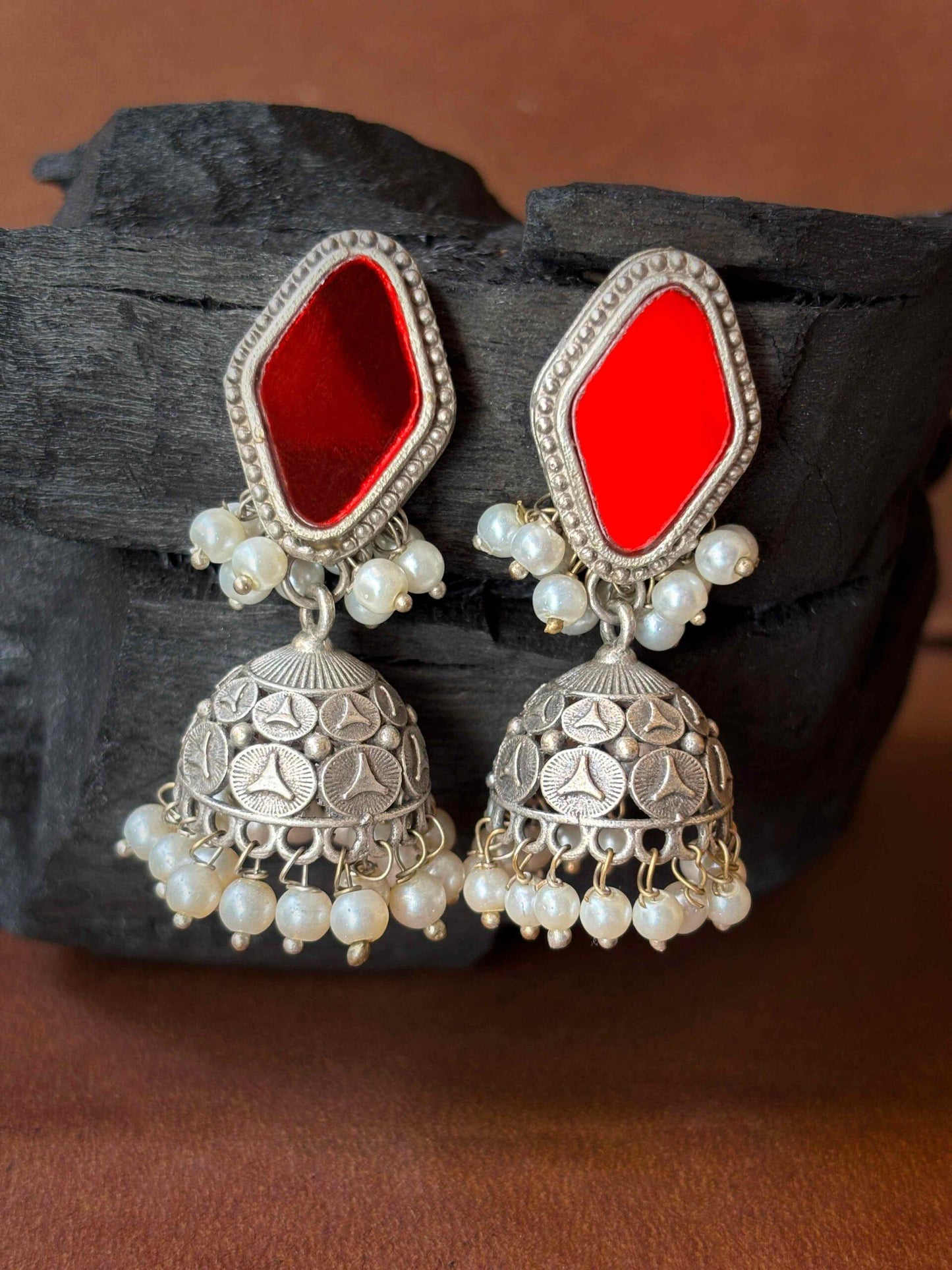 Aaina Red Mirror Glass Silver Oxidized Jhumka Earrings