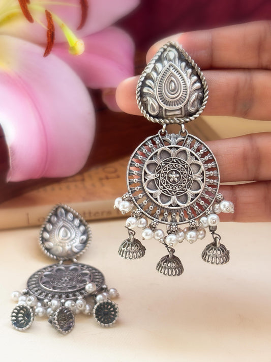 Aarya Pearl Long Dangle Oxidized Earrings