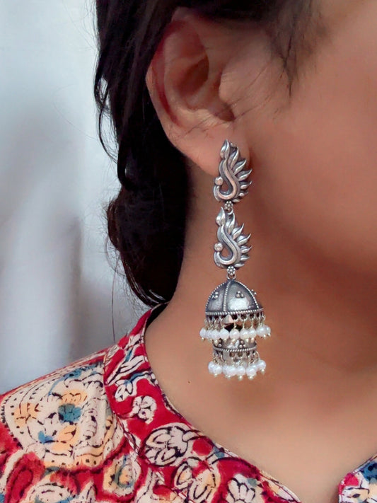 Agneya Double Layer Pearl Oxidized Silver Jhumka