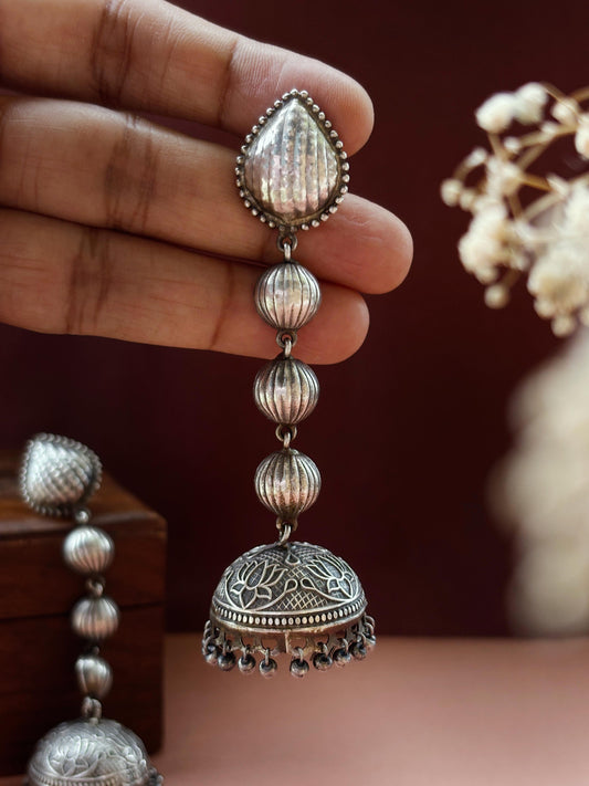 Aheli Ghungroo – Long 3-Layer Oxidized Silver Jhumka Earrings
