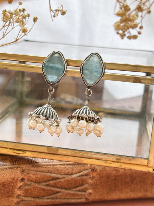 Alpa Blue Monalisa Stone Small Pearl Jhumki