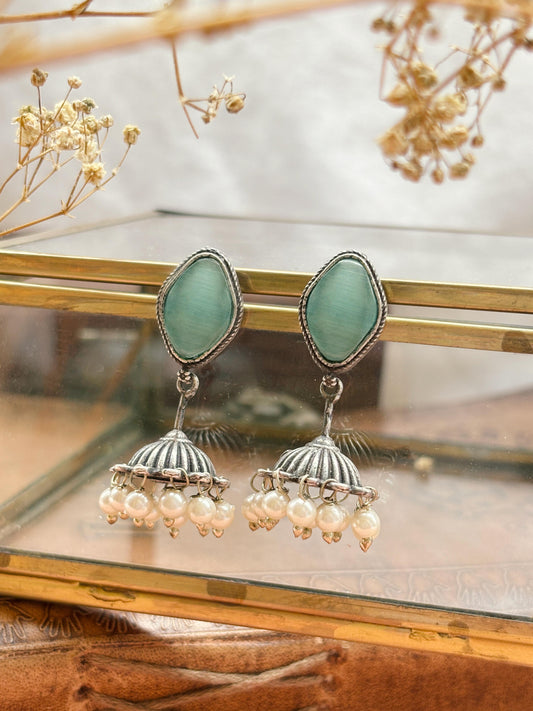 Alpa Mint Monalisa Stone Small Pearl Jhumki