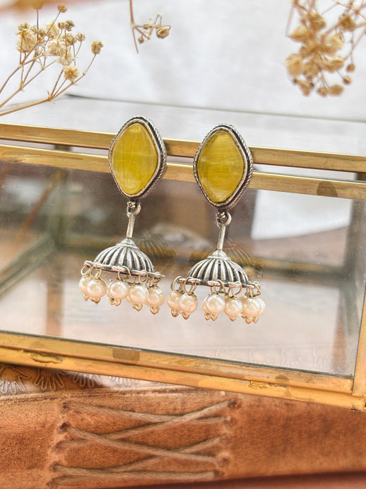 Alpa Yellow Monalisa Stone Small Pearl Jhumki