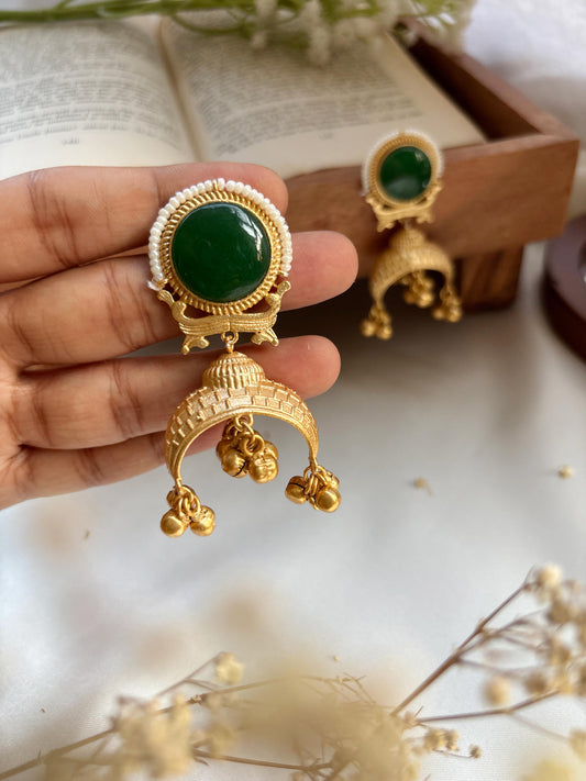 Amber Green Kashmiri Ghungroo Golden Jhumka Earrings