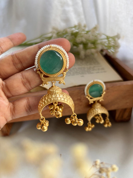 Amber Mint Green Kashmiri Ghungroo Golden Jhumka Earrings