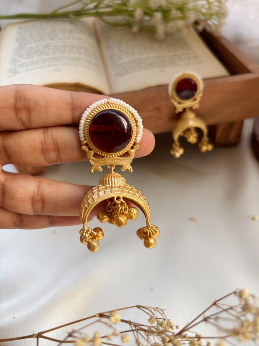 Amber Red Kashmiri Ghungroo Golden Jhumka Earrings