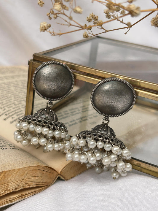 Amoha Double Layer Pearls Jhumki – Oxidized Boho Elegance