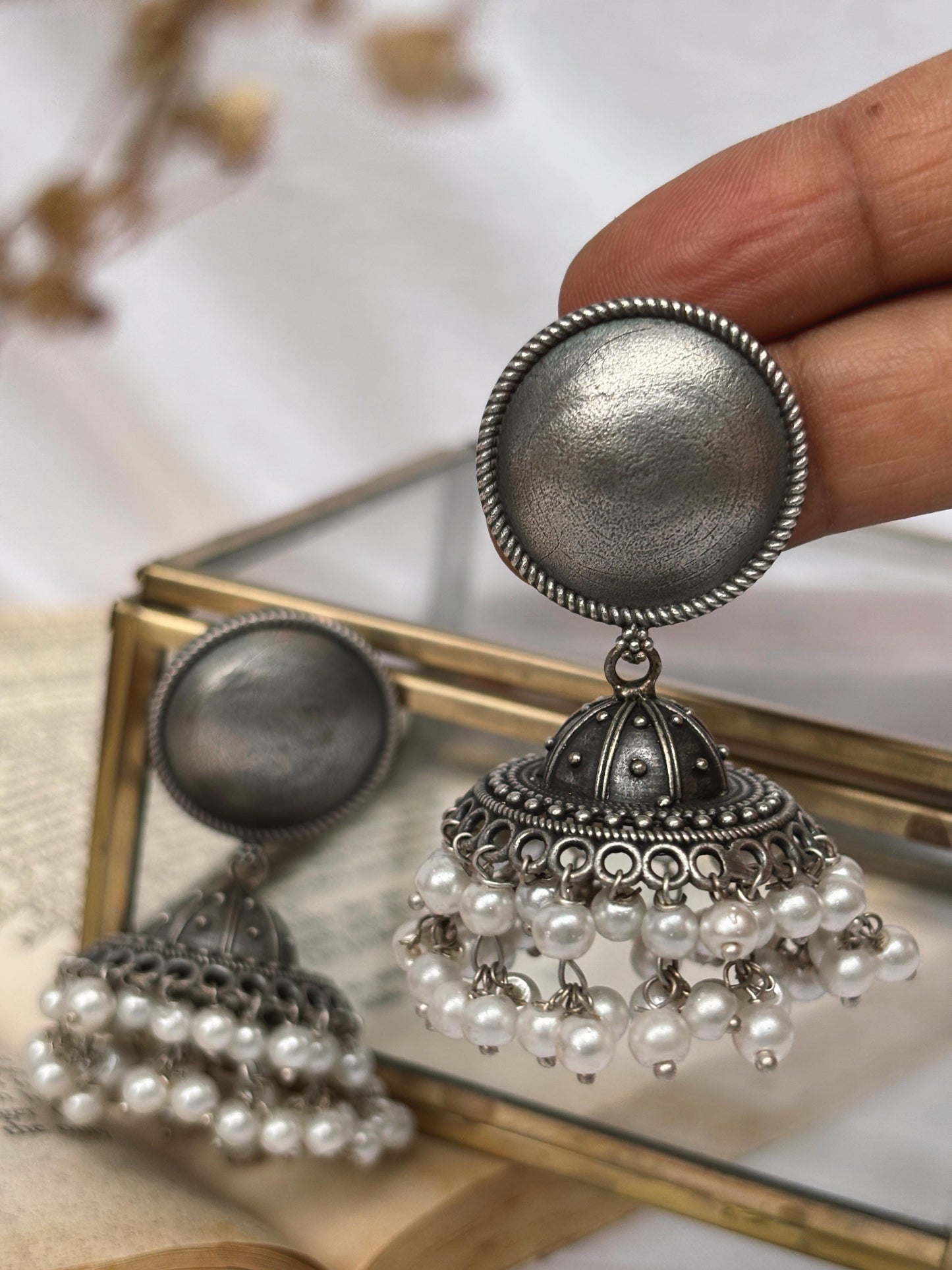 Amoha Double Layer Pearls Jhumki – Oxidized Boho Elegance