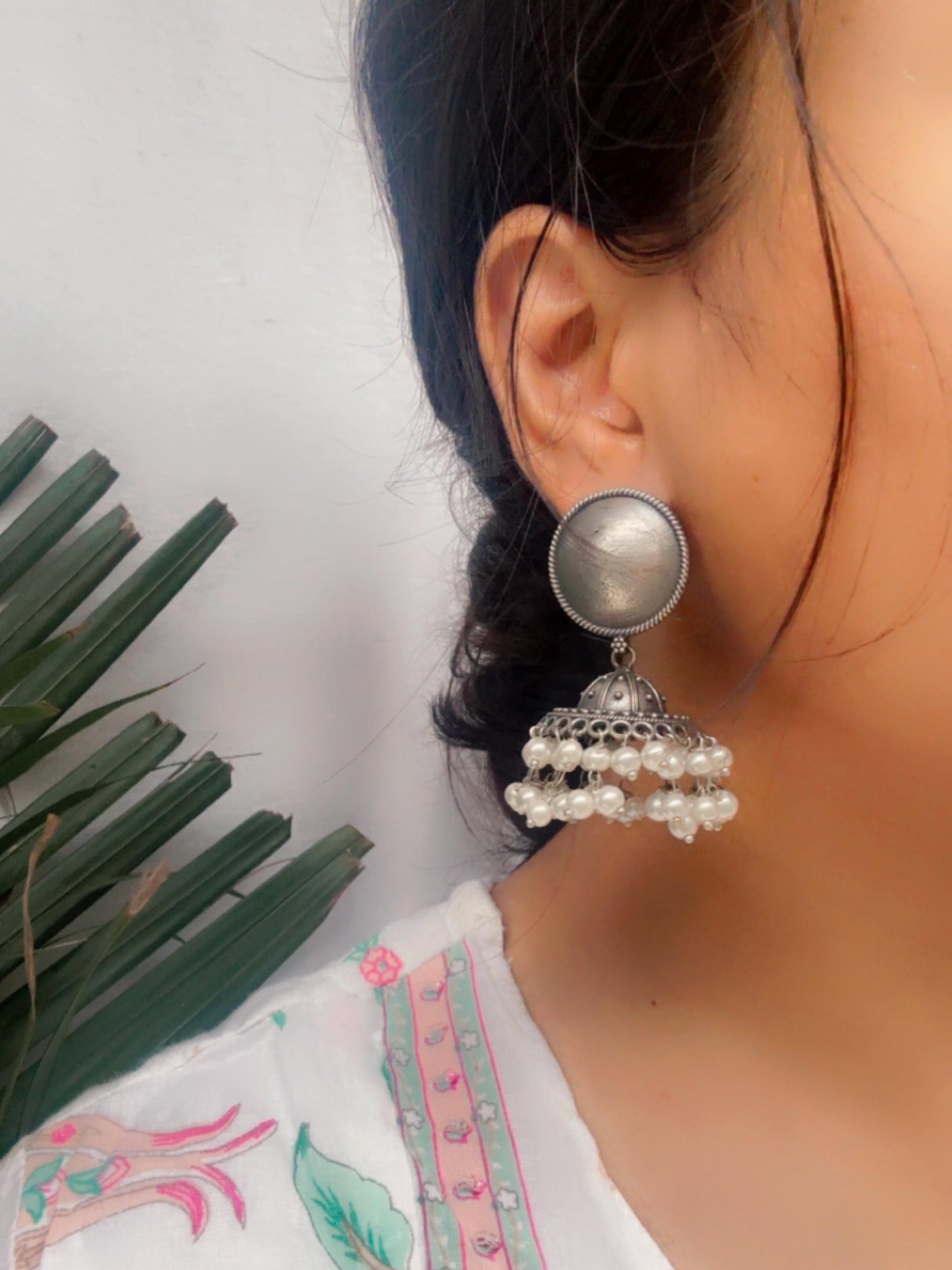Amoha Double Layer Pearls Jhumki – Oxidized Boho Elegance