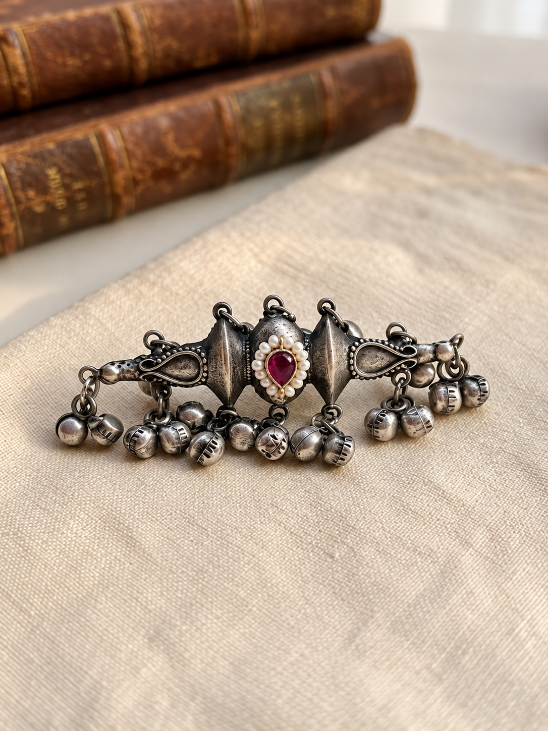 Ishayu Ruby Red Kundan Monalisa Stone Ghungroo Adjustable Ring