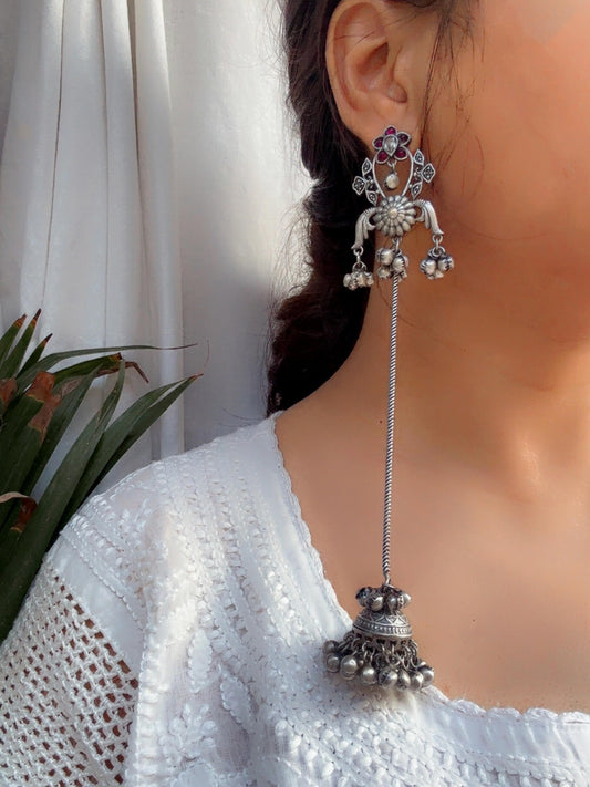 Anya Magenta Ruby Kashmiri Long Ghungroo Jhumka