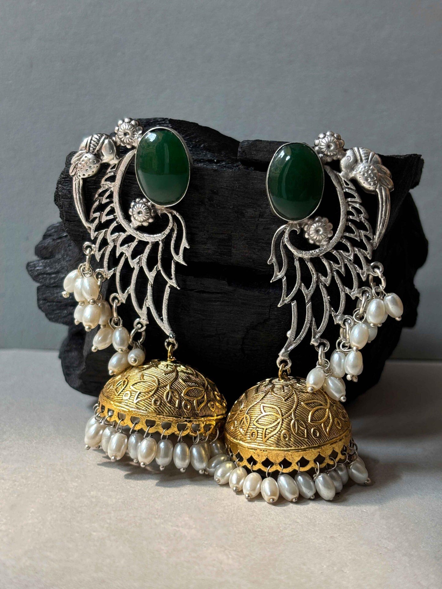 Apsara Green Monalisa Dual Tone Jhumka Earrings