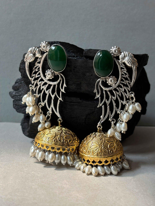 Apsara Green Monalisa Dual Tone Jhumka Earrings