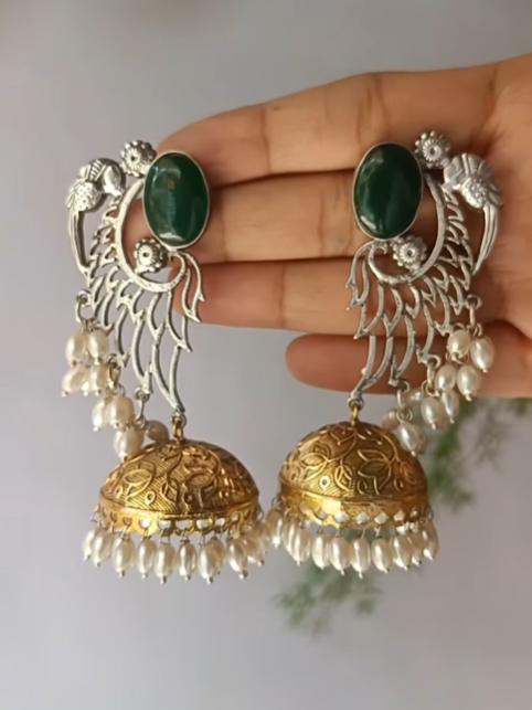 Apsara Green Monalisa Dual Tone Jhumka Earrings