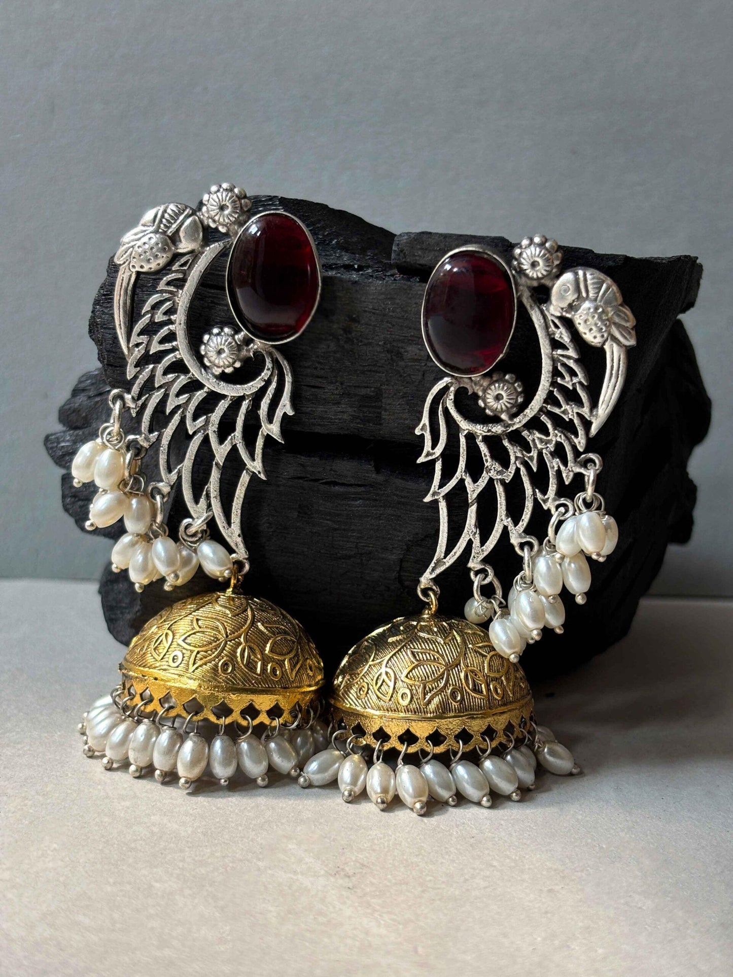 Apsara Red Monalisa Dual Tone Jhumka Earrings