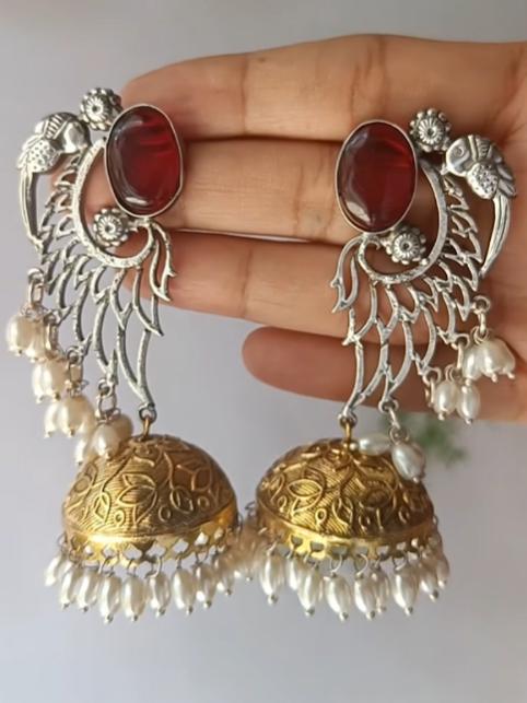 Apsara Red Monalisa Dual Tone Jhumka Earrings