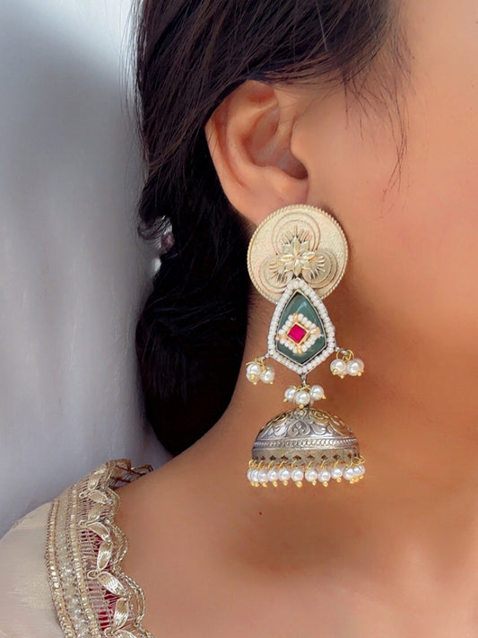 Aruja Mint Sea Green & Pink Monalisa Stone Dual Tone Jhumka Earrings