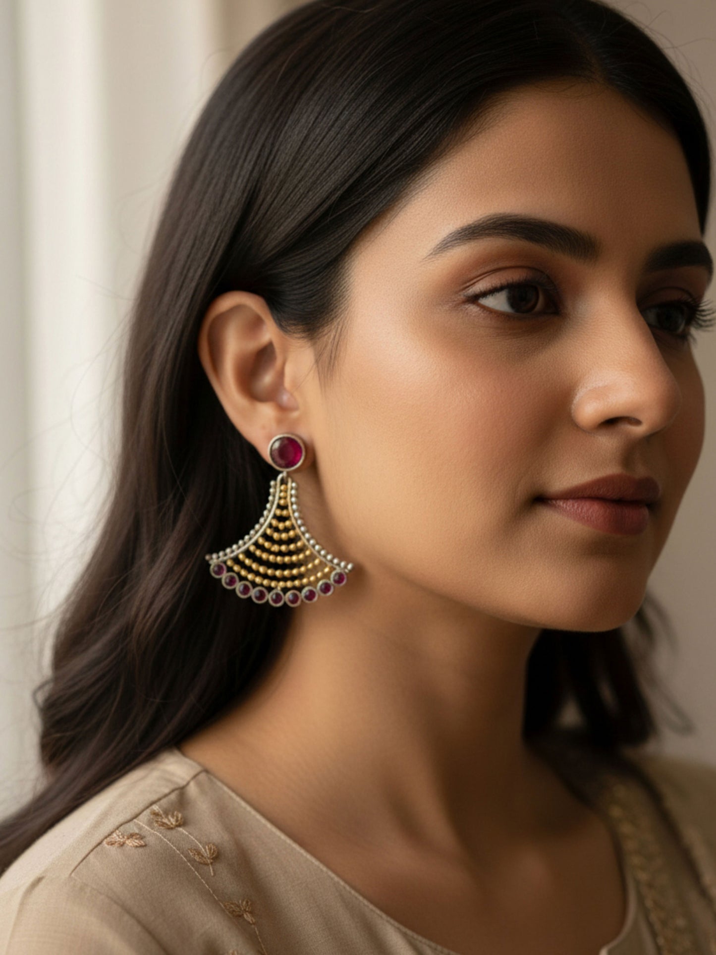 Arka Red Dual Tone Dangle Earrings – Oxidized Silver Replica