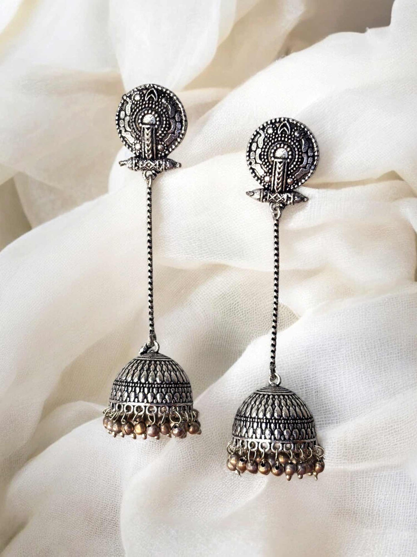 Bakul Long Silver-Golden Ghungroo Jhumka