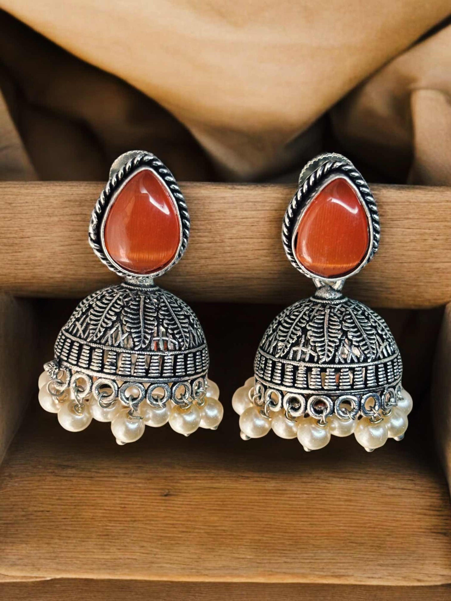 Bindu Monalisa Stone Oxidized Jhumka Earrings