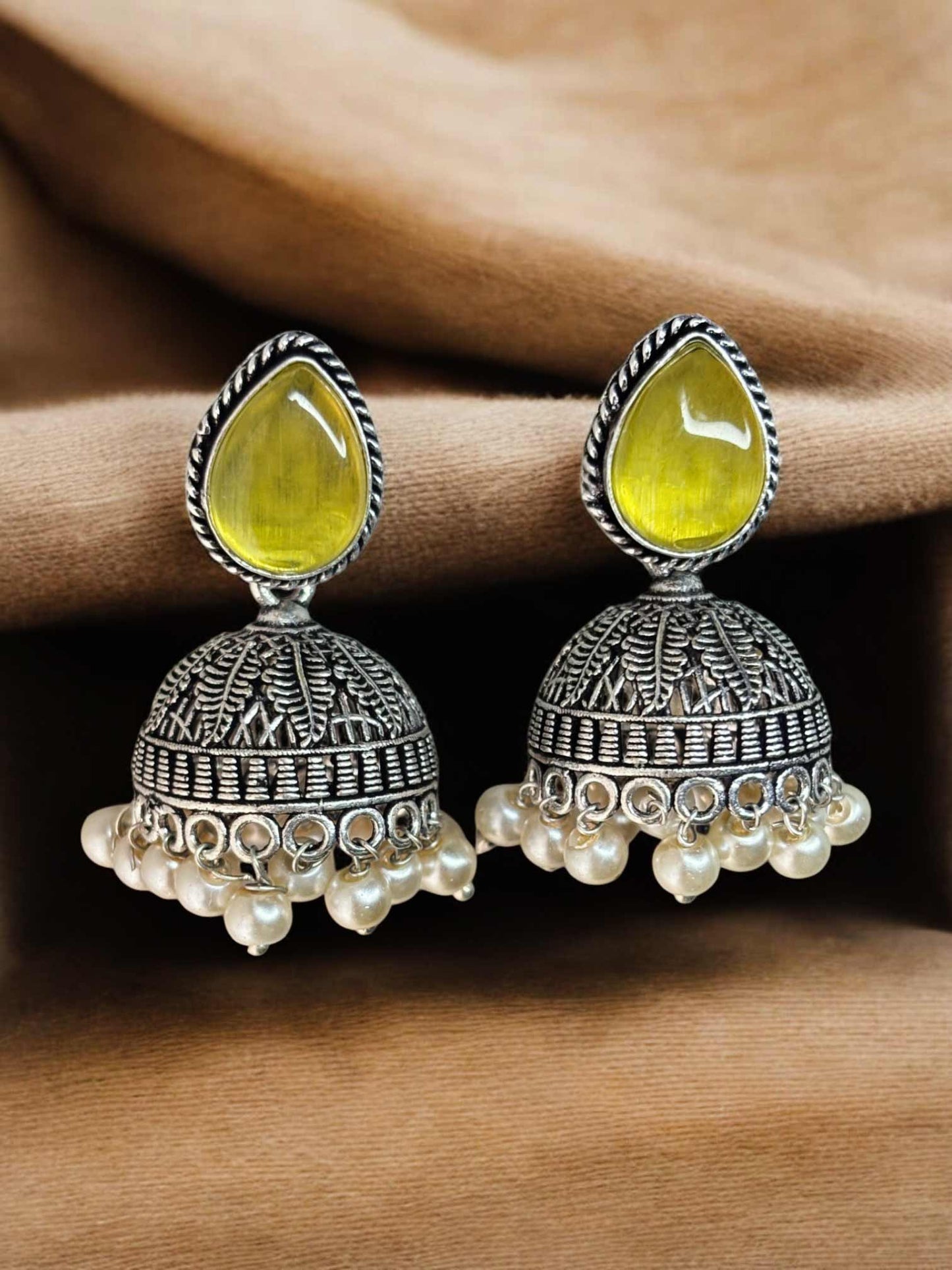 Bindu Monalisa Stone Oxidized Jhumka Earrings