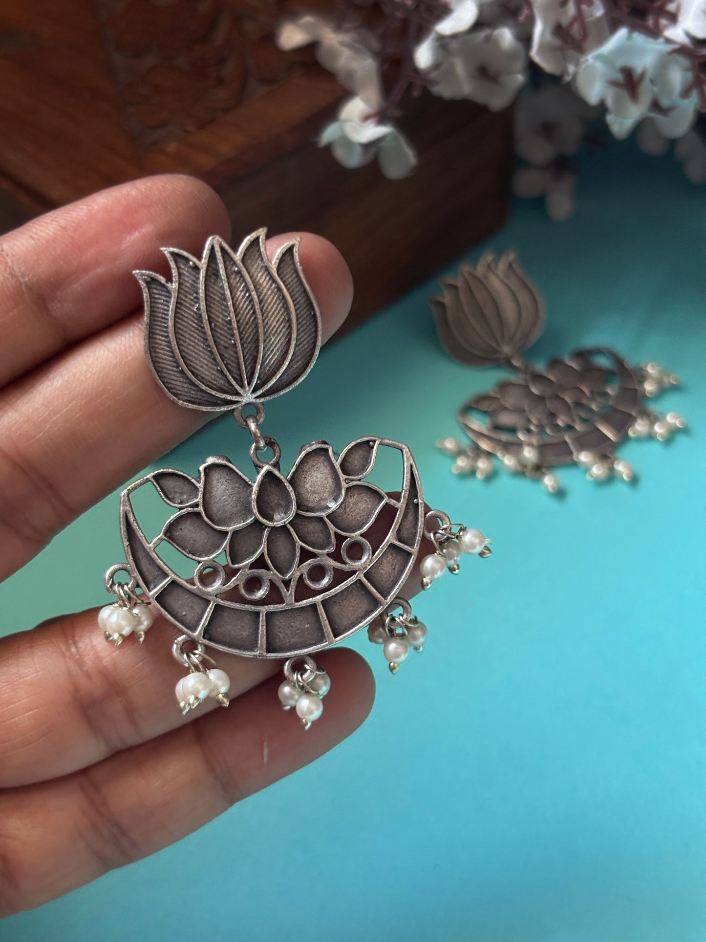 Bisini Lotus Oxidized Silver Dangle Earrings