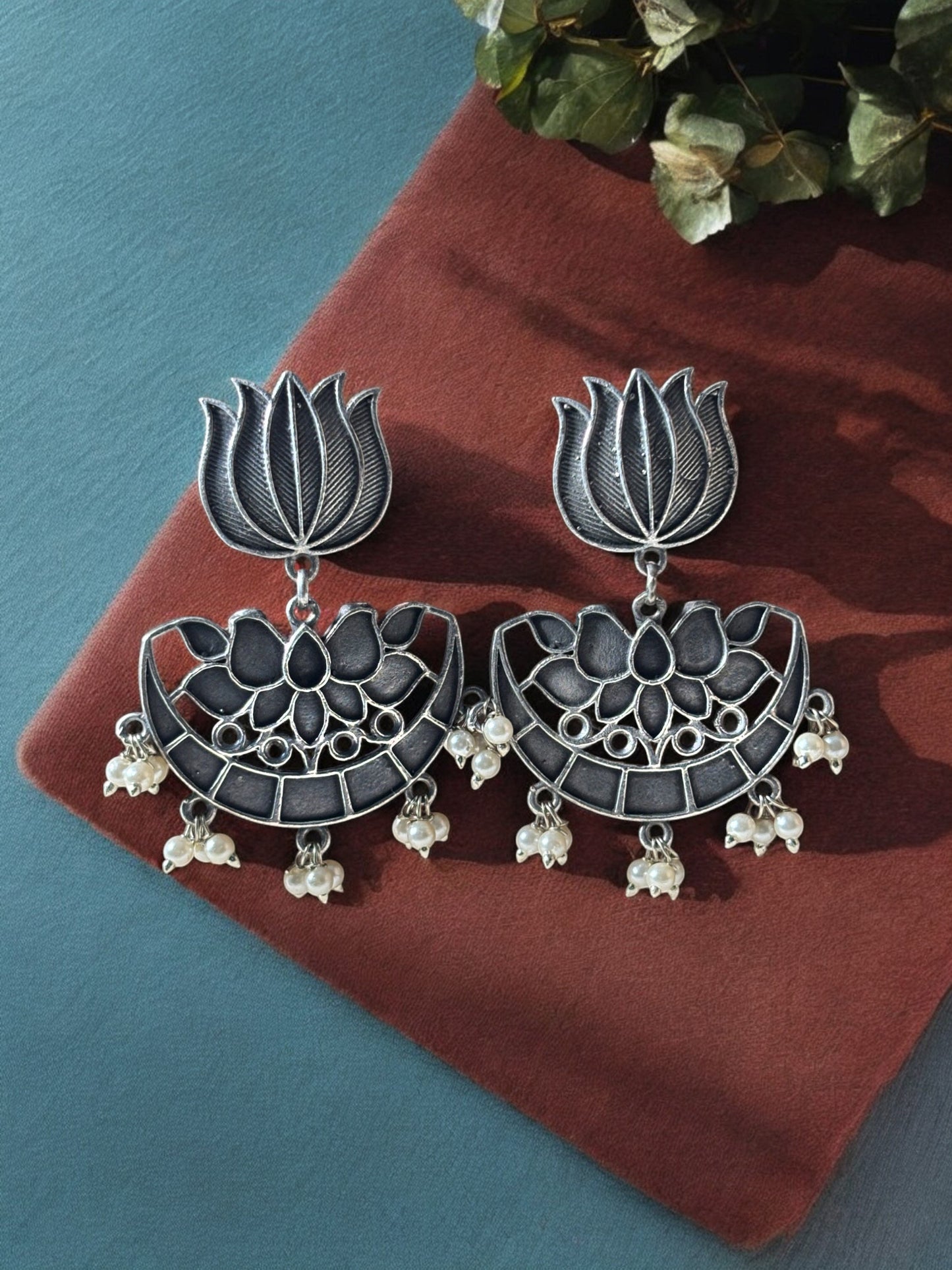 Bisini Lotus Oxidized Silver Dangle Earrings