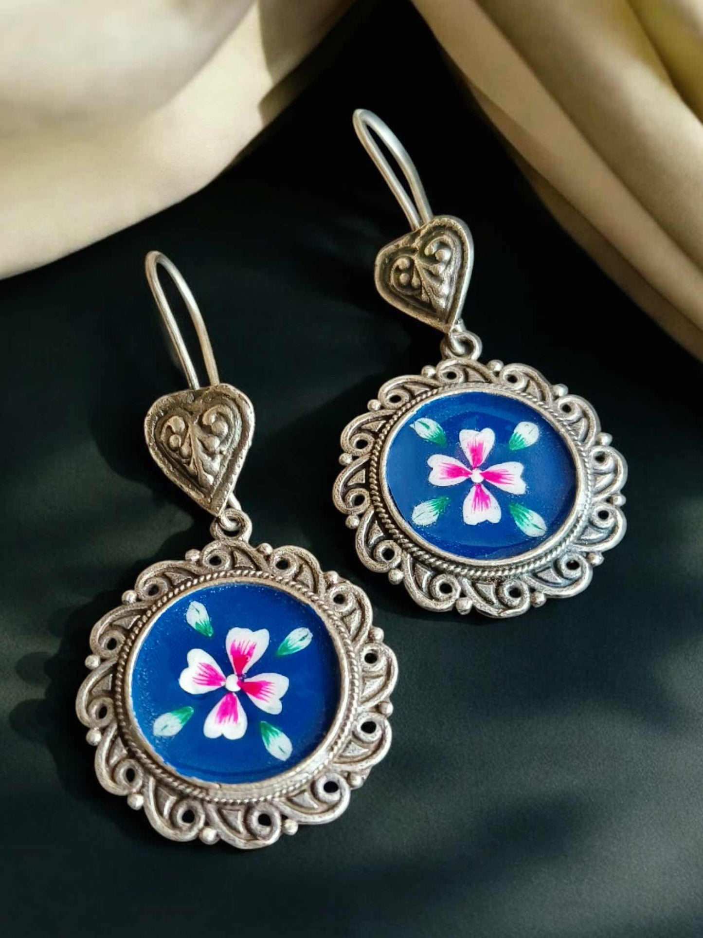 Blue Heart Meenakari Hand painted Hook Earrings