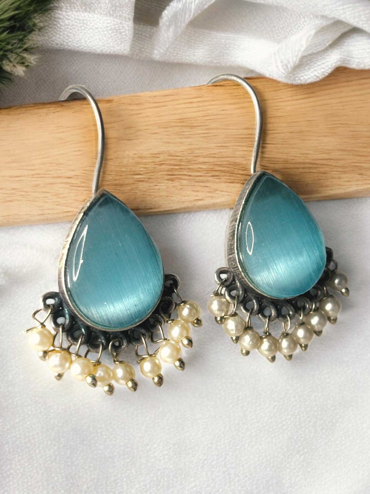 Dew Drop Monalisa Stone Oxidized Hook Earrings