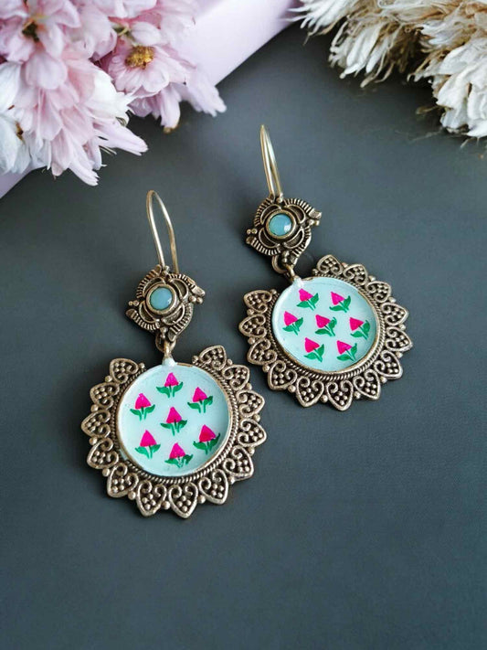 Blue Pearl Meenakari Hand painted Hook Earrings