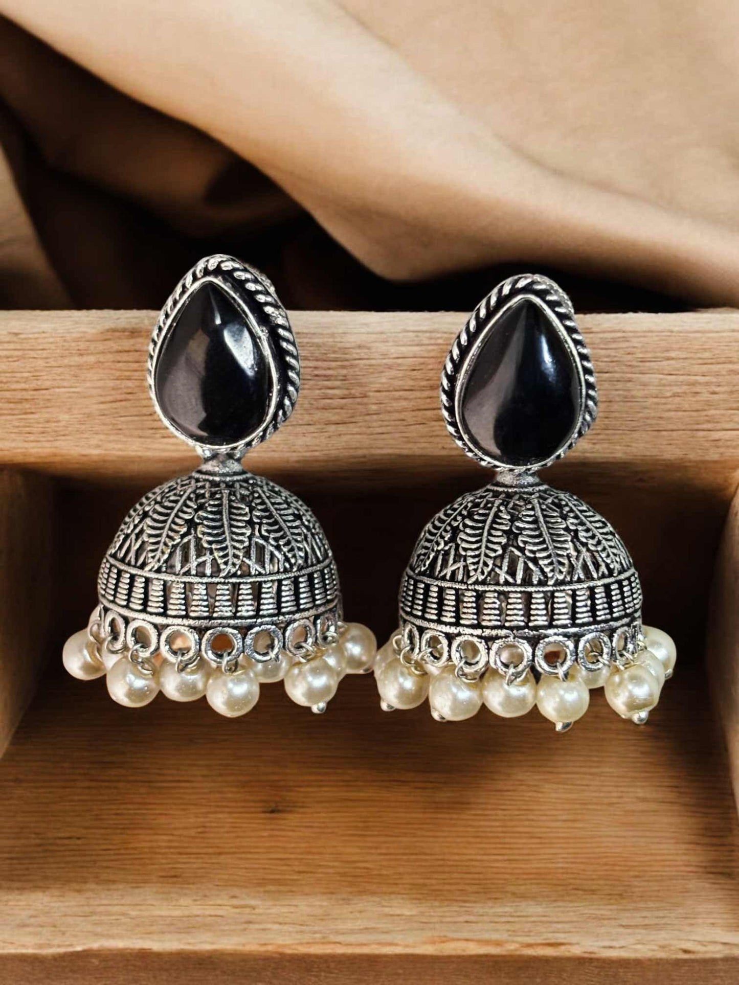 Bindu Monalisa Stone Oxidized Jhumka Earrings