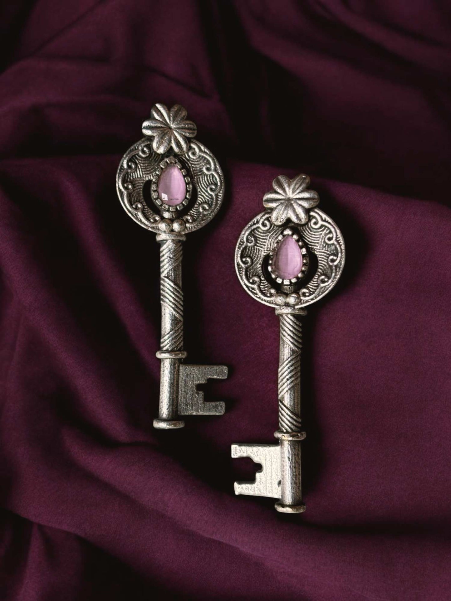 Chaabi Pink Monalisa Stone Oxidized Stud Earrings