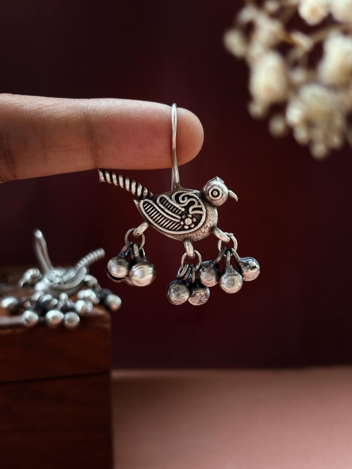 Chakor Ghungroo – Oxidized Boho Bird Hook Earrings