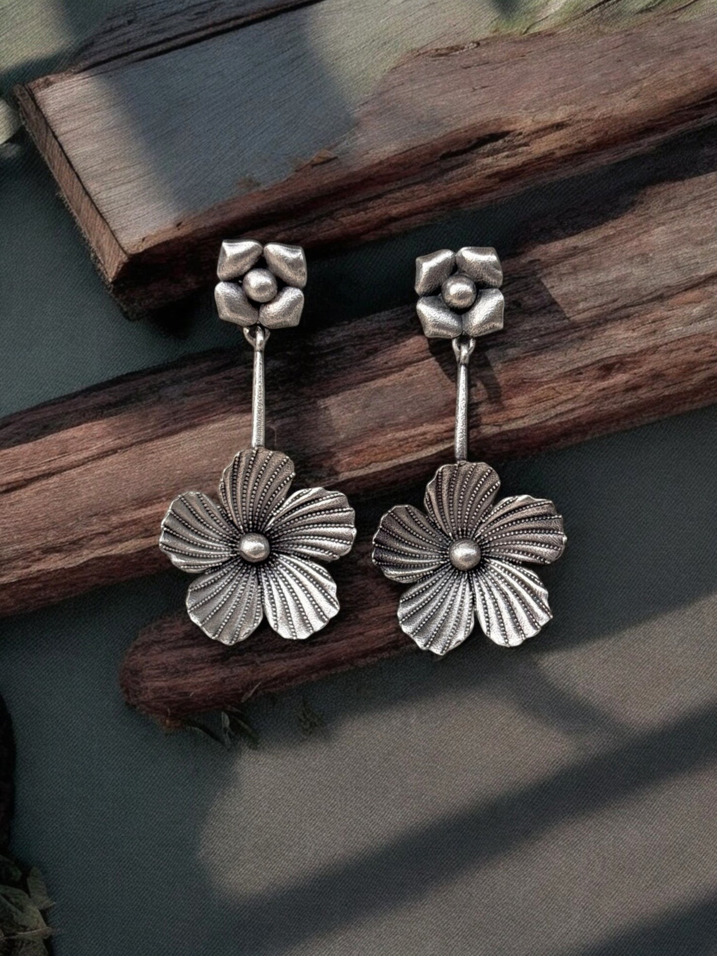 Champa Chameli Flower Dangle Oxidized Earrings