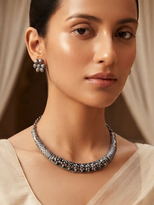Champa Oxidized Silver Hasli Choker Necklace Set with Stud Earrings