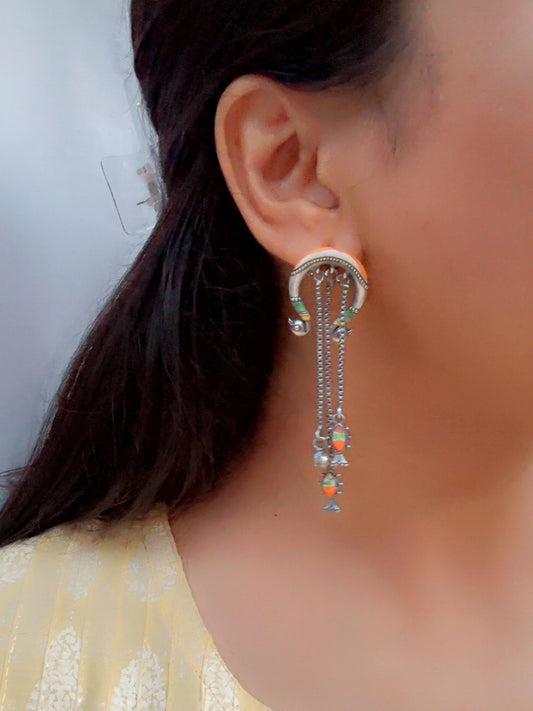 Chandraki Orange Green Meenakari Hand-painted Dangle Earrings