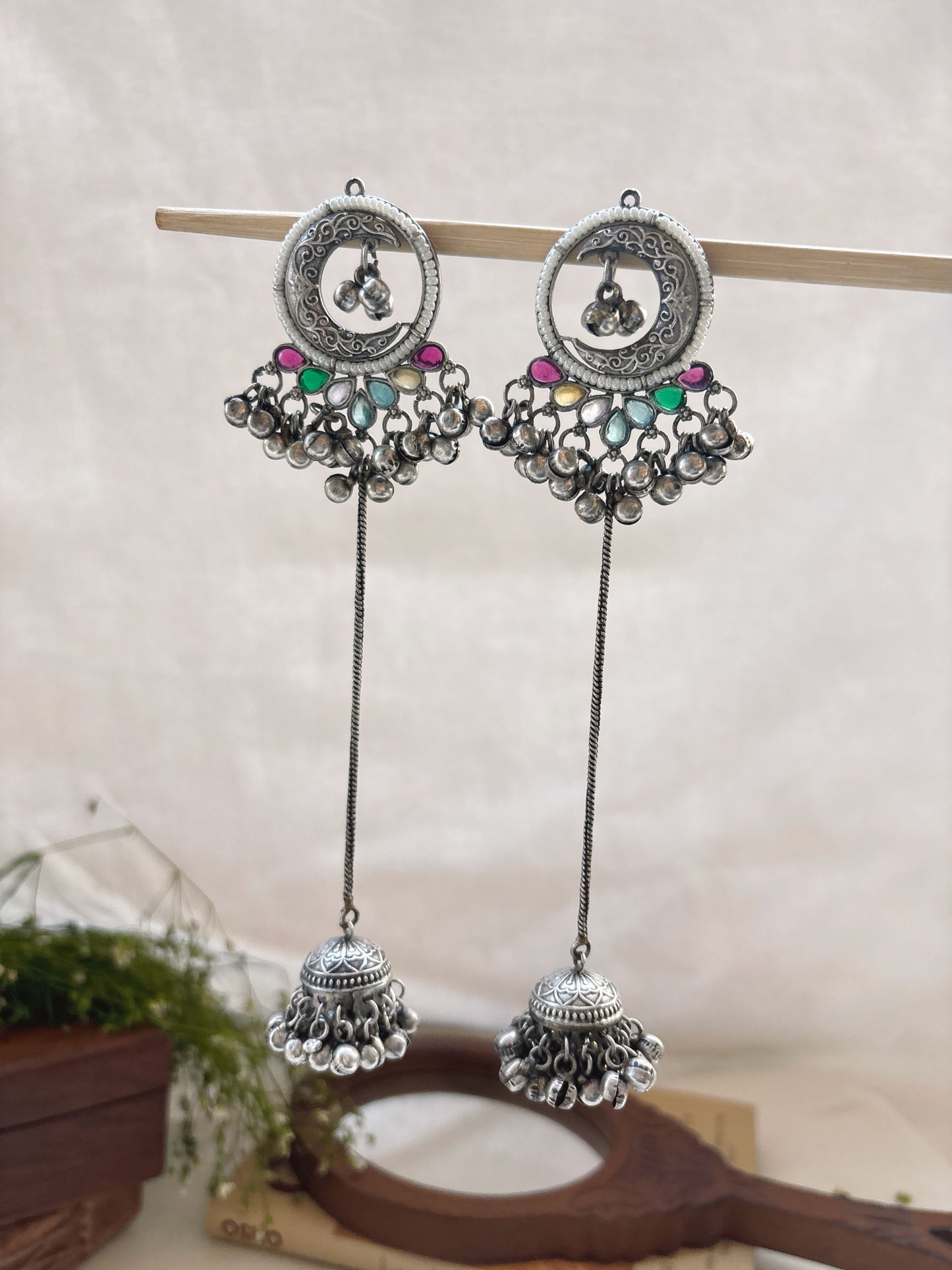 Chandrani Multi-Colour Stone Monalisa Long Ghungroo Jhumka Earrings