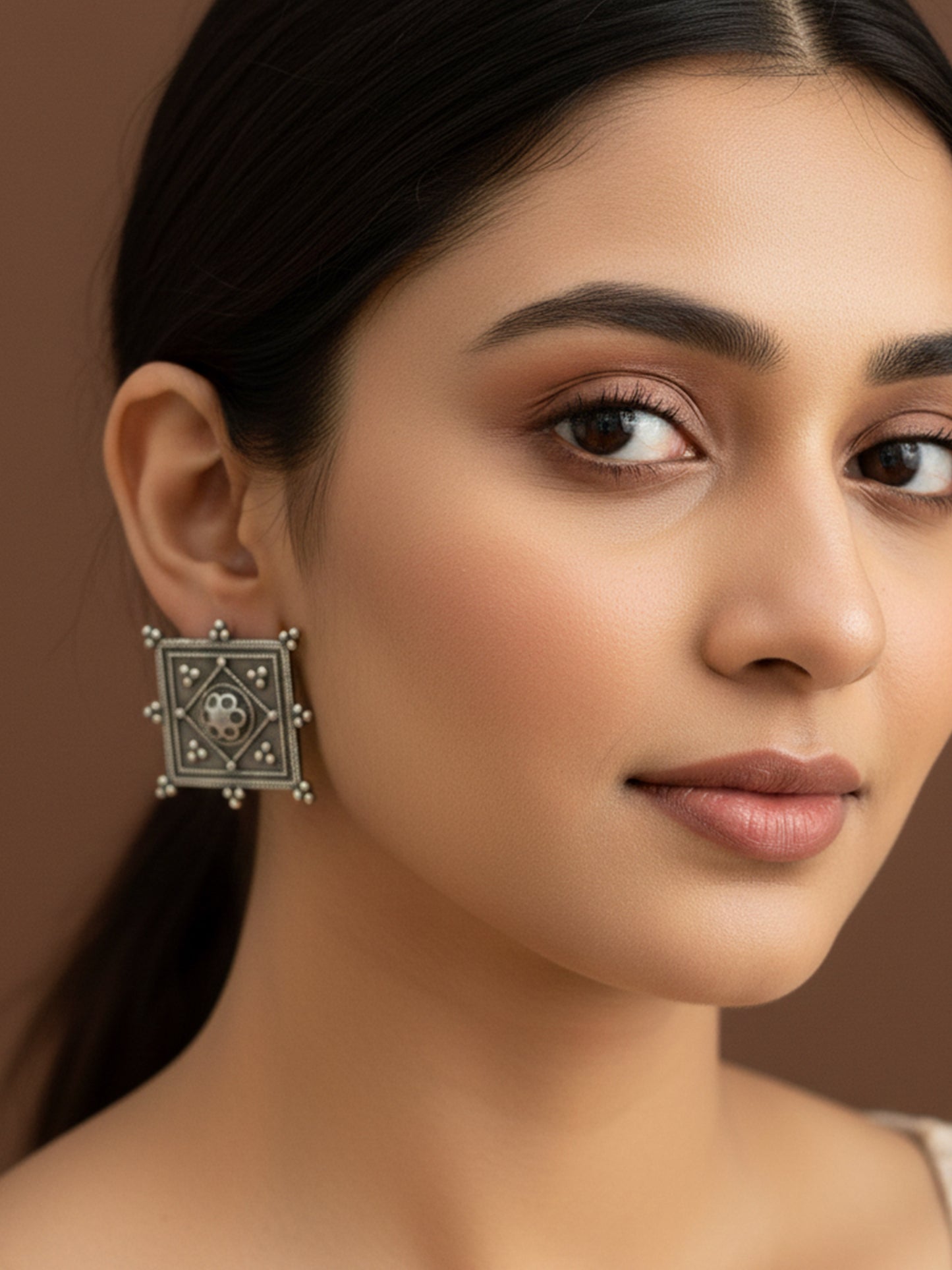 Chaturthi Square Studs – Oxidized Boho Earrings
