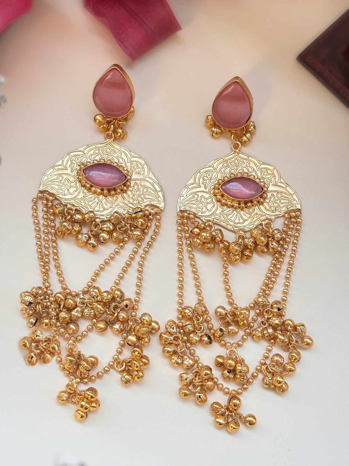 Dahab Pink Monalisa Stone Kashmiri Ghungroo Golden Dangle Earrings