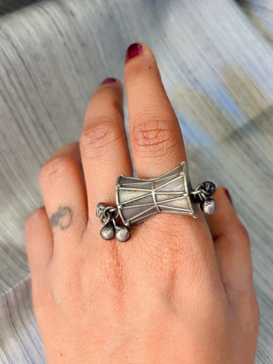 Damaru Adjustable Oxidized Ghungroo Finger Ring