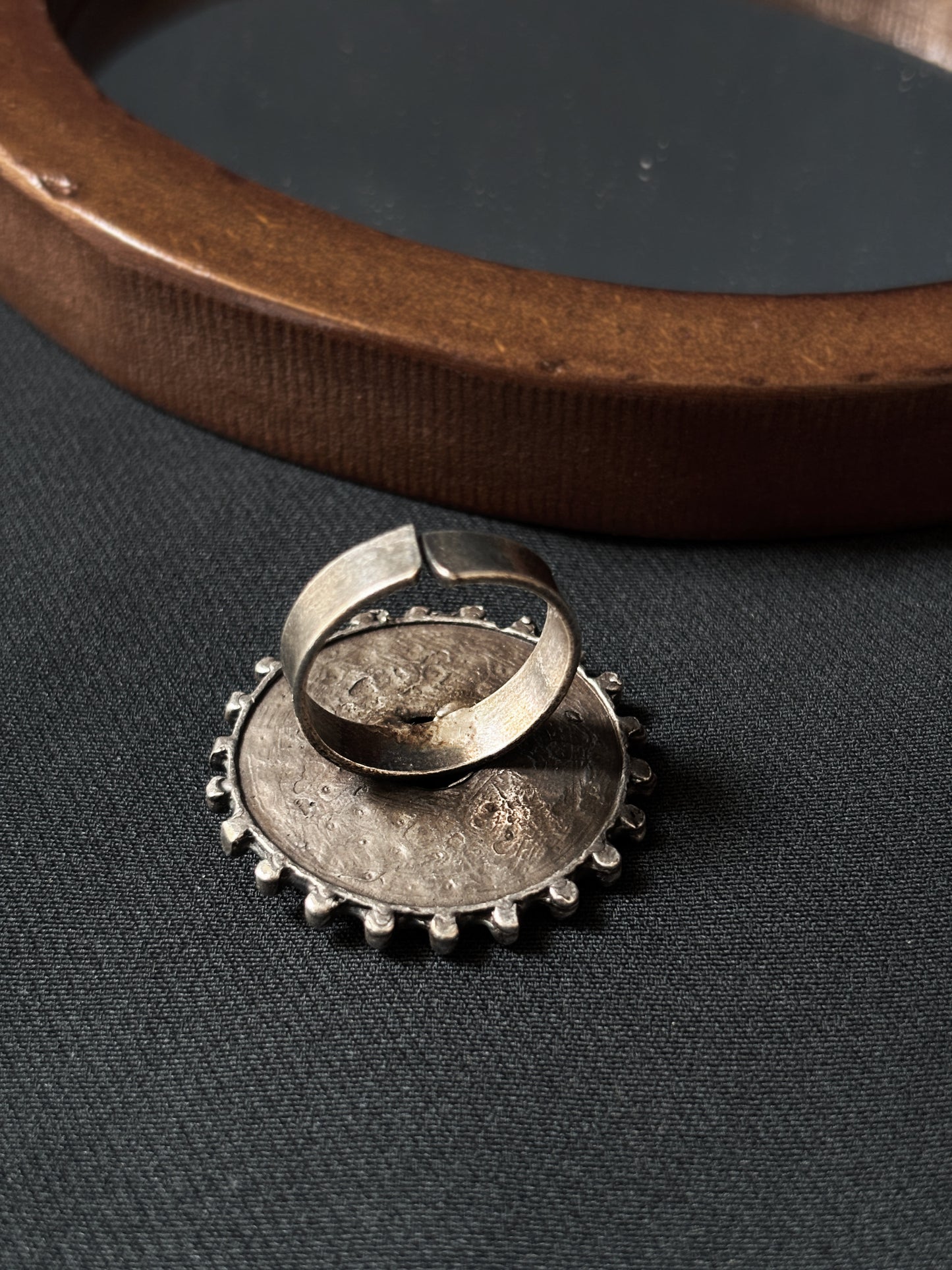 Dharini Oxidized Silver Adjustable Ring in Brass