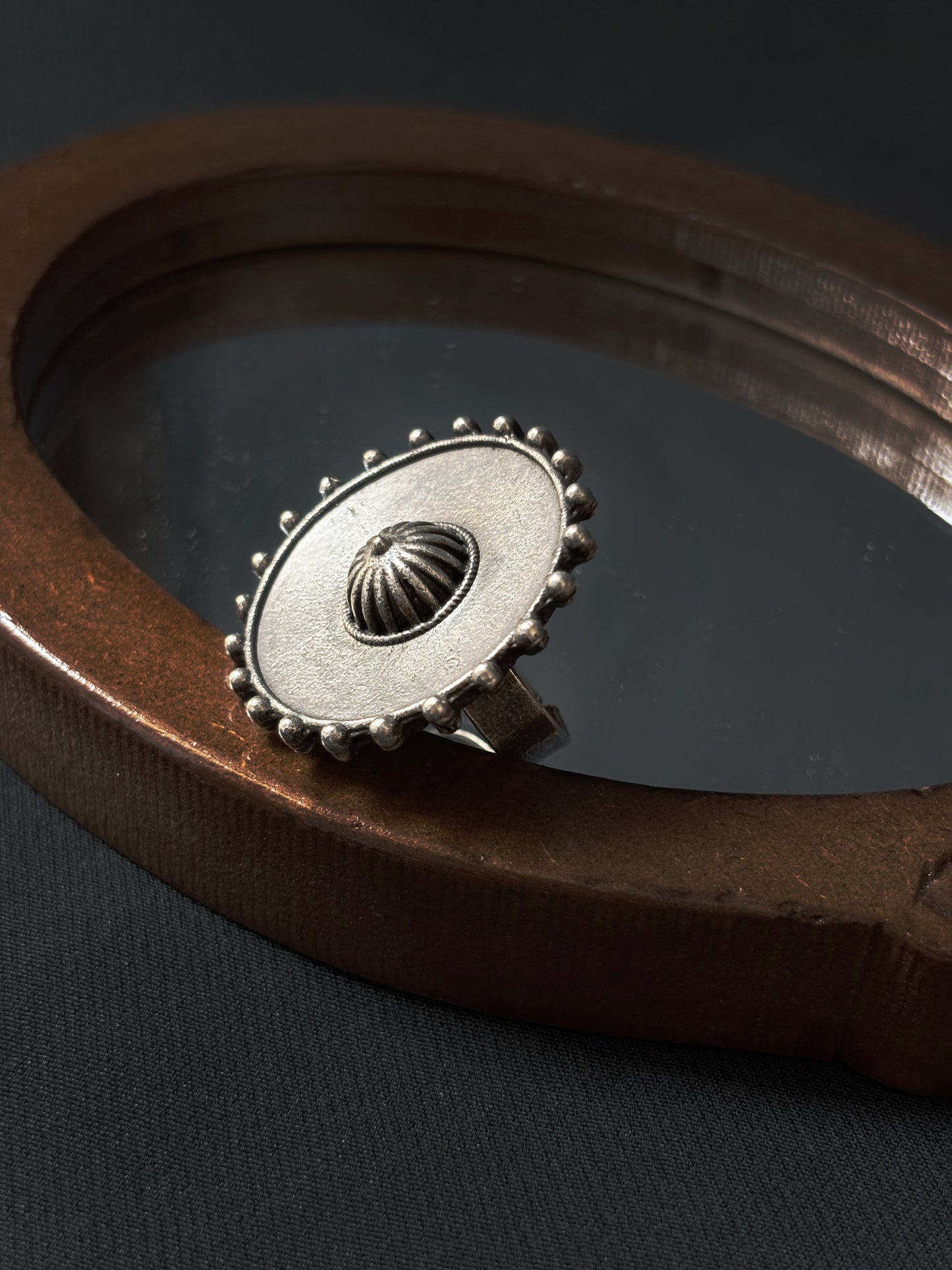 Dharini Oxidized Silver Adjustable Ring in Brass