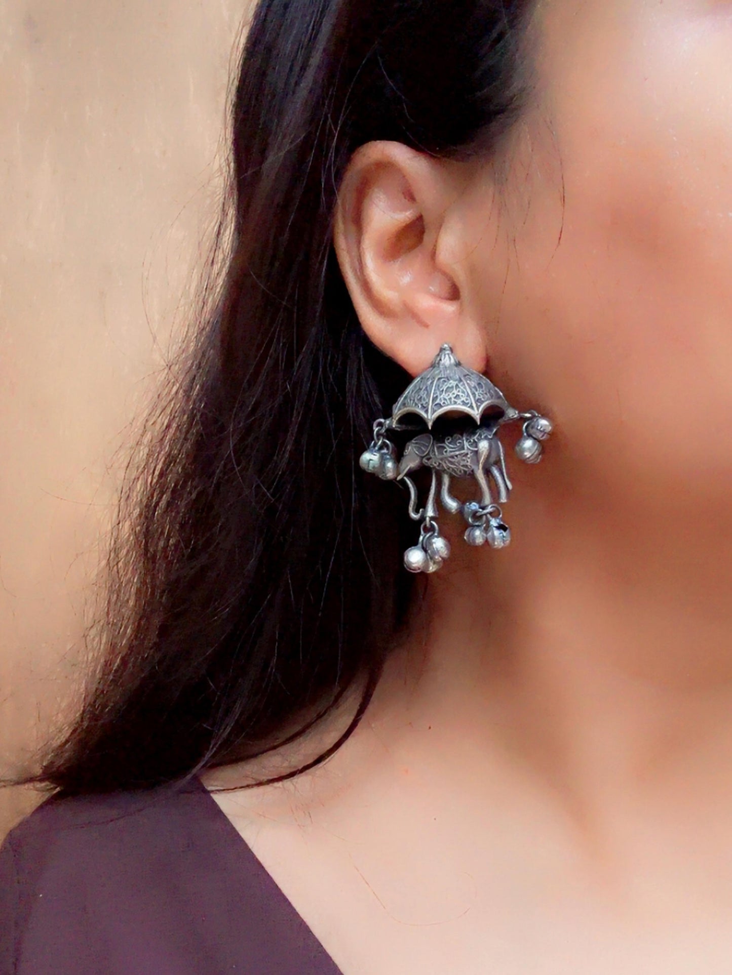 Gaja Lakshmi Ghungroo Dangle Oxidized Earrings